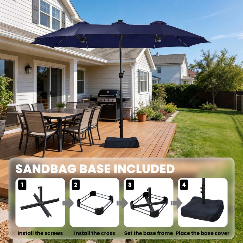 15ft patio umbrella with base Double-Sided Umbrella and 2 Sandbags The solar 15FT Patio Double-Sided Umbrella with