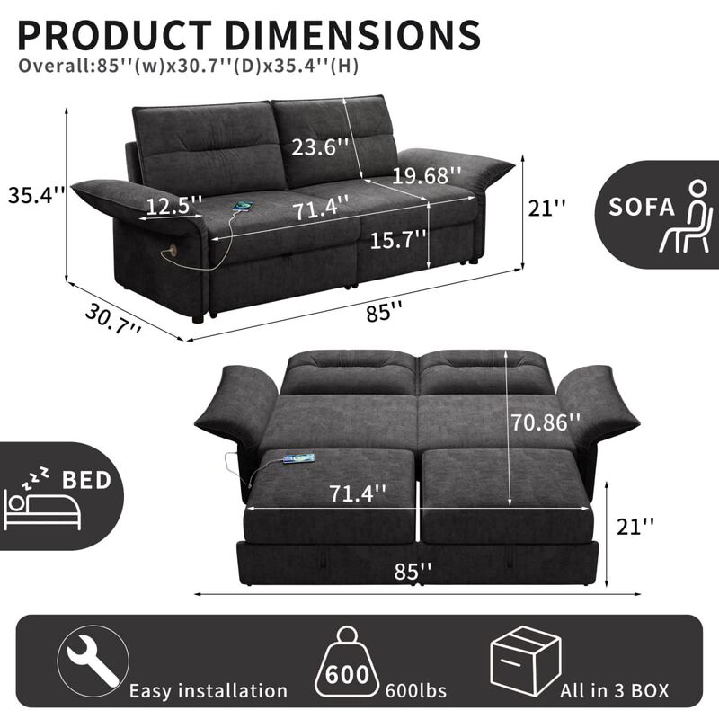 Convertible sleeper sofa bed, Plush fabric pull out futon with USB charging ports, 85 inch sofa bed for small spaces image number 2