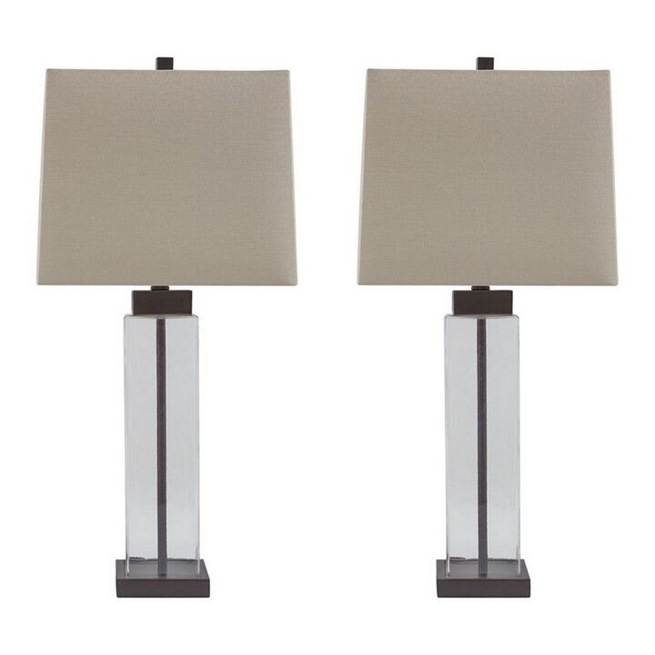 Glass and Metal Base Table Lamp with Square Shade, Set of 2, Clear and Gray-Benzara