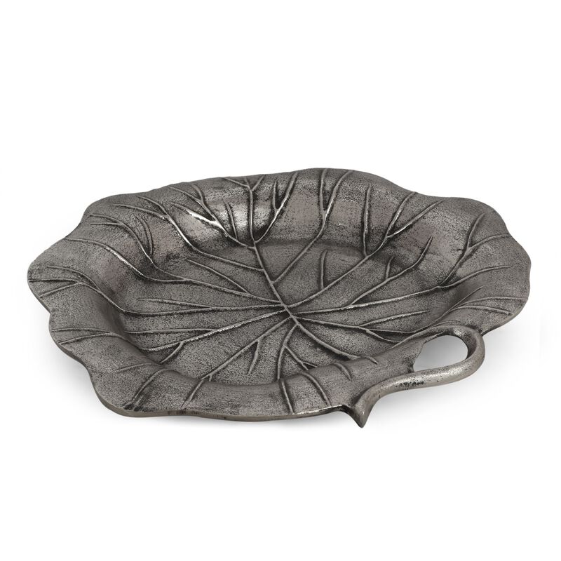 Haily Decorative Tray Platter, Flower Shaped Vein Details, Nickel Tone - Benzara