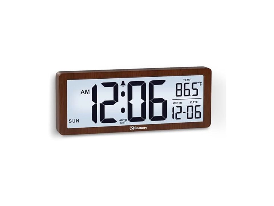Digital Backlight Temperature Date Day Wall Clock 5 Inch Brown Battery Operated