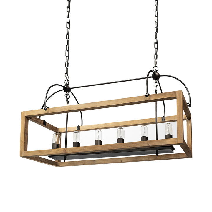 HomeRoots Natural And Black Candle Style Six Light Wood and Metal Dimmable Chandelier