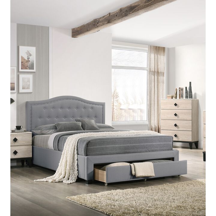 Streamdale Light Grey Twin Bed with Drawer Storage & Button Tufted Headboard