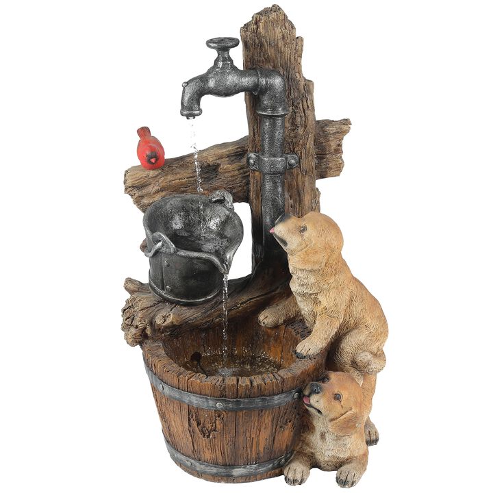 LuxenHome Resin Puppies and Water Pump Outdoor Patio Fountain with LED Light