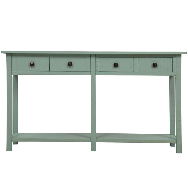 Rustic Brushed Texture Entryway Table Console Table with Drawers and Bottom Shelf for Living Room (Tiffany Blue)