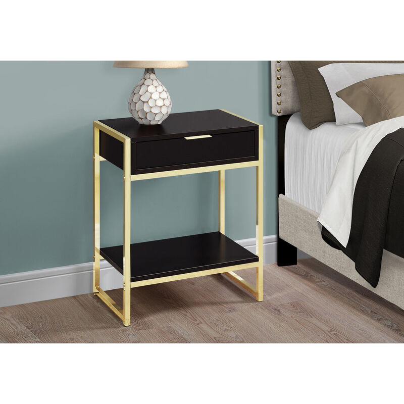 Monarch Specialties I 3486 Accent Table, Side, End, Nightstand, Lamp, Storage Drawer, Living Room, Bedroom, Metal, Laminate, Brown, Gold, Contemporary, Modern