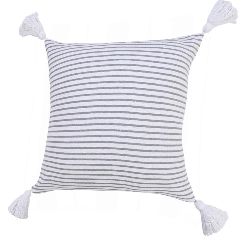 HomeRoots 20" Gray And White Striped Cotton Throw Pillow Cover with Tassels image number 2