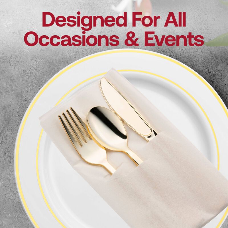 Gold Plastic Cutlery in White Pocket Napkin Set (70 Sets) image number 5
