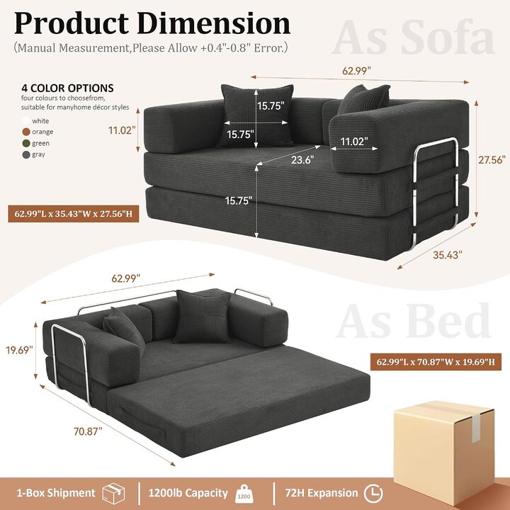 Vipbear 5-in-1 Convertible Sleeper Sofa Bed, Corduroy Boneless Couch with Fixed Frame, Living Room