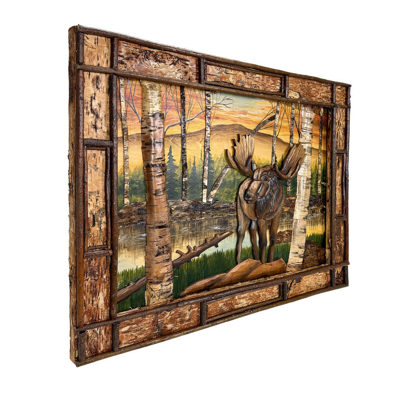 Rustic Moose Birch Forest Wood Wall Sculpture 28.75x36.5 Brown Glossy image number 1