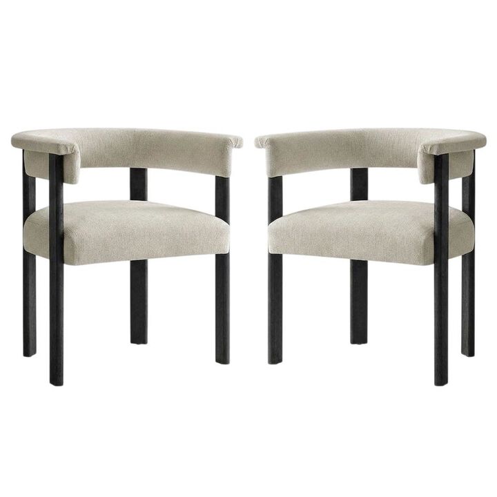 Fabric Upholstered Barrel Dining Chairs, Heathered Weave Ivory Black, Set of 2
