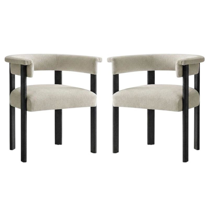 Fabric Upholstered Barrel Dining Chairs, Heathered Weave Ivory Black, Set of 2 image number 1