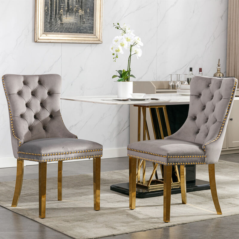 Streamdale Contemporary Velvet Dining Chairs, Set of 2 - Gray/Gold