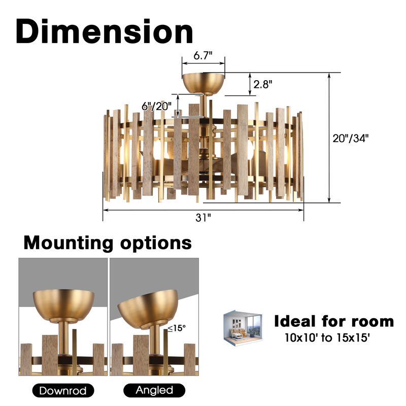 31 in. Brass Caged Fence Ceiling Fan with Light and Remote