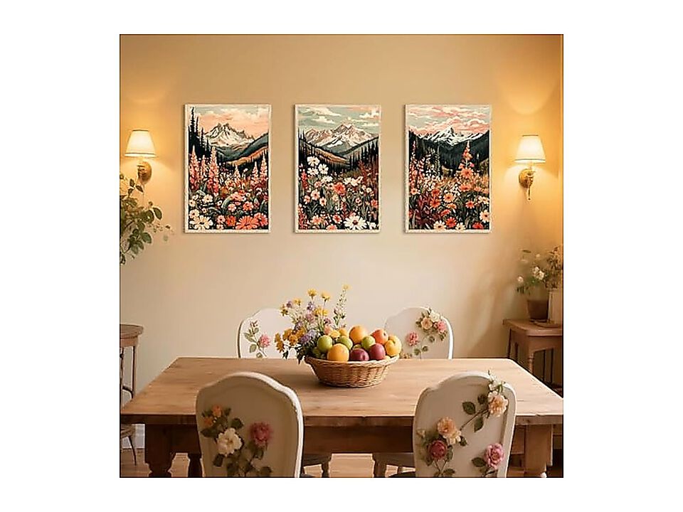 Colorful Landscape Boho Canvas Wall Art Set 3 Pack Wildflower Mountain Decor