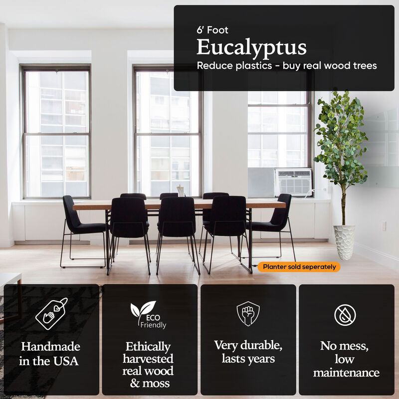 Handmade 6' Artificial Eucalyptus Tree In Home Basics Plastic Pot Made with Real Wood and Moss Accents