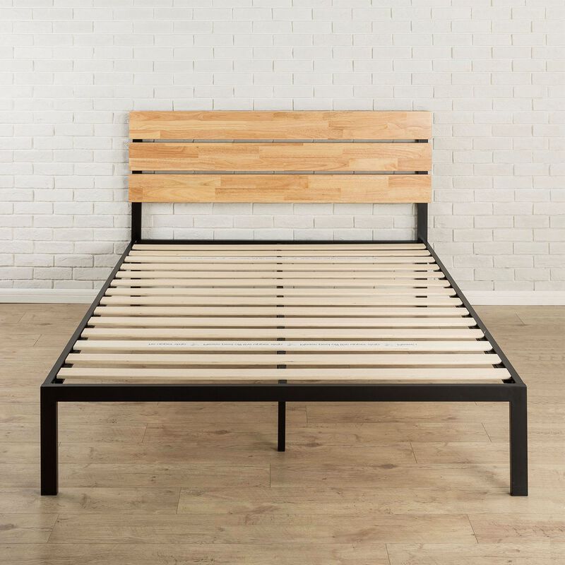 Modern Metal Platform Bed Frame with Wood Headboard and Slats
