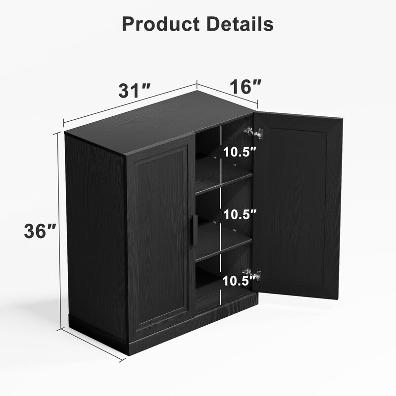 Black Wood Grain Buffet Cabinet, Storage Organizer with Adjustable Shelves and Rattan Doors image number 5