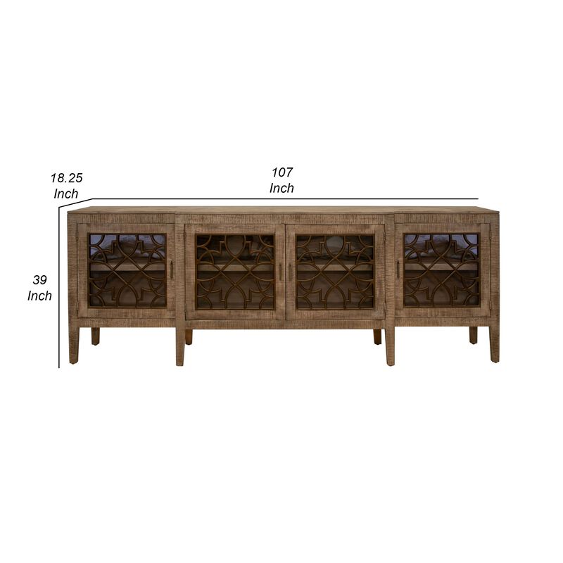 Medo 107 Inch Sideboard Console, Brown Pine Wood, 4 Doors, Metal Handles