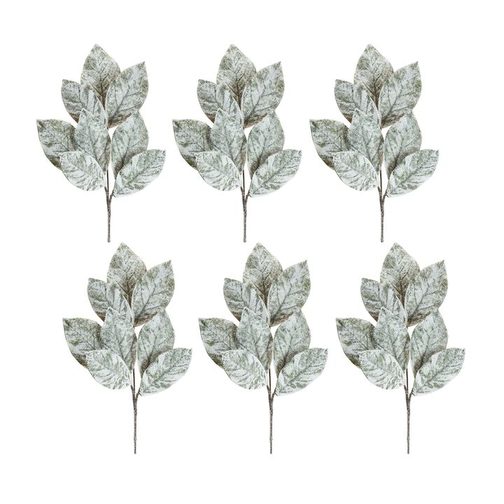 Frosted Winter Magnolia Leaf Spray for Holiday and Seasonal Décor (Set of 6)