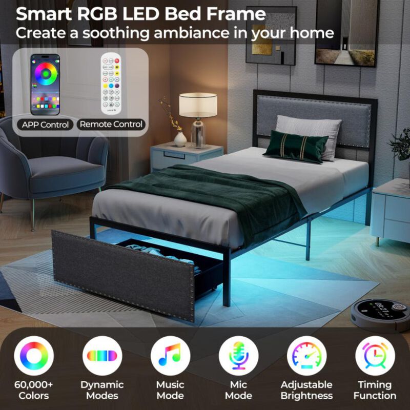 Hivvago Bed Frame with LED Lights Drawer and Metal Slats