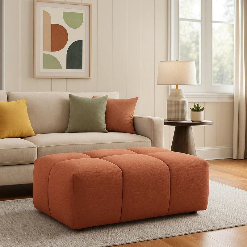 Leya Modular Ottoman, Tufted Coral Red Linen, 43 Inch Rectangular Seat image number 1