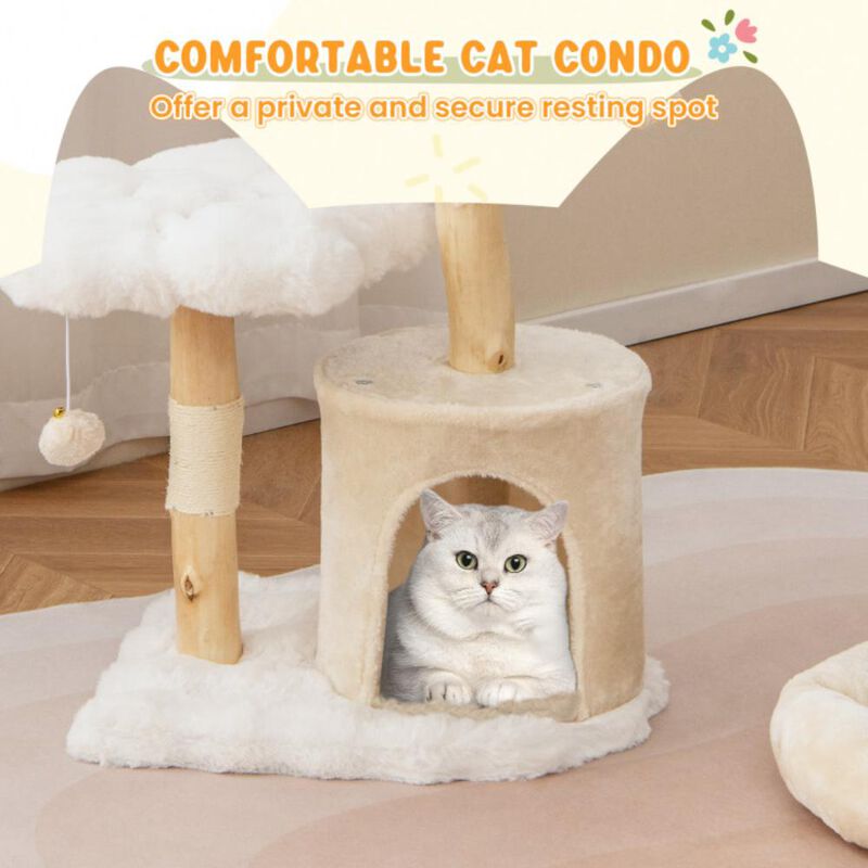 Hivvago Cute Solid Wood Cat Tree Natural Branch Modern Flower Cat Tower with Sisal Scratching Posts