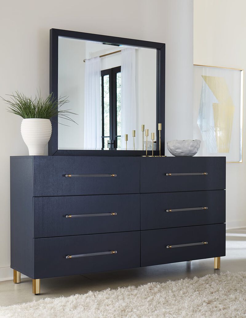 Argento Six Drawer Dresser in Navy Blue and Burnished Brass