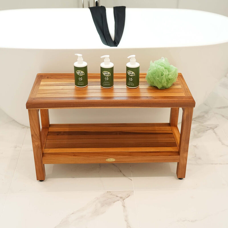 EcoDecors Eleganto 30" Teak Wood Shower Bench with Shelf in EarthyTeak Finish