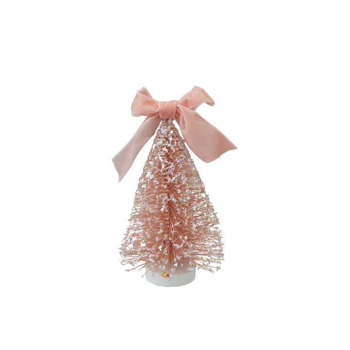 Pink Bottle Brush Tree with Velvet Bow and Reclaimed Wood Base