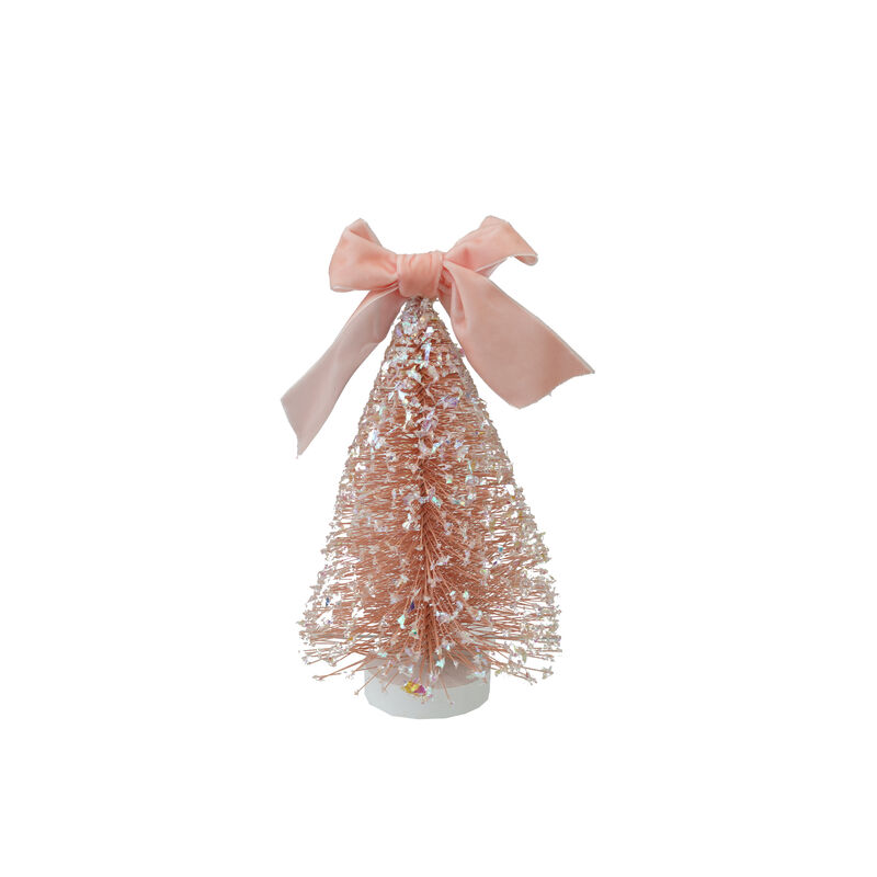 Pink Bottle Brush Tree with Velvet Bow and Reclaimed Wood Base image number 0