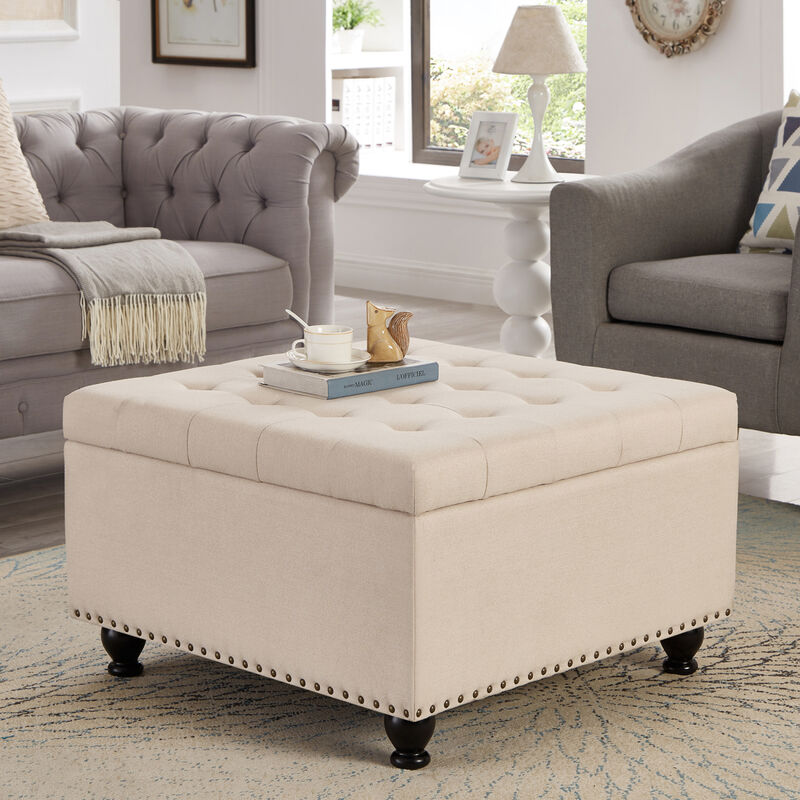 Streamdale Beige upholstered storage ottoman with wooden legs image number 1