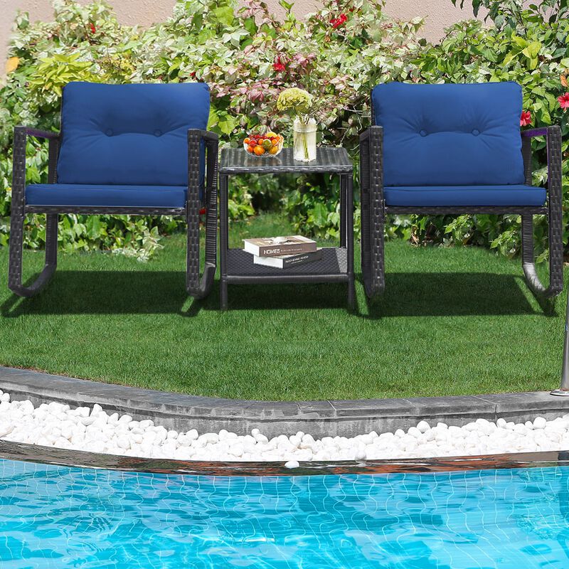 3 Pieces Cushioned Patio Rattan Set with Rocking Chair and Table