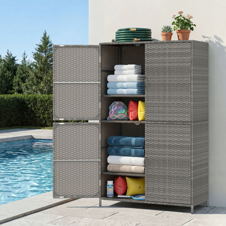 Durable Vertical Rattan Shed with 4 Doors Adjustable Shelves for Garden and Patio Use