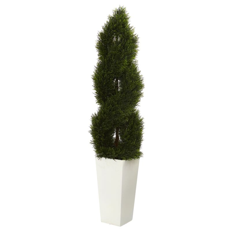 Hivvago 5.5" Double Pond Cypress Spiral Topiary Artificial Tree in White Tower Planter UV Resistant (Indoor/Outdoor)