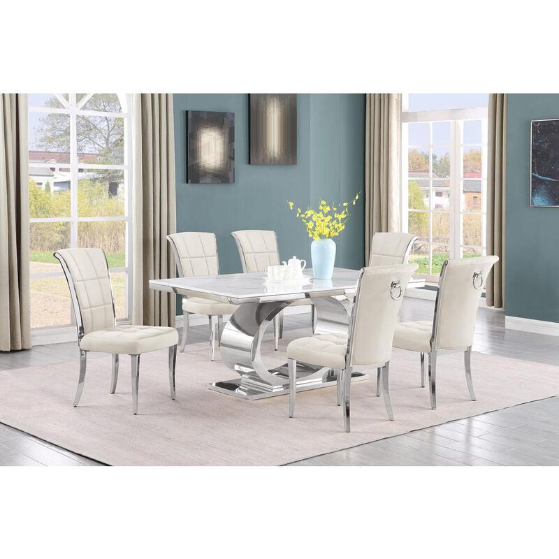 7pc Small(68") marble top dining set with silver base and 6 Cream side chairs