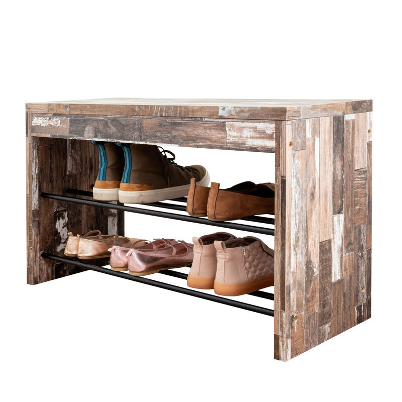 Industrial Decorative Shoe Bench in Distressed Wood Finish with Two Metal Storage Racks