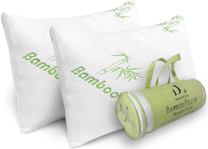 Bamboo Pillows Queen Size Set of 2 Shredded Memory Foam for Sleeping - Ultra Soft, Cool & Breathable Cover w/Zipper Closure - Re