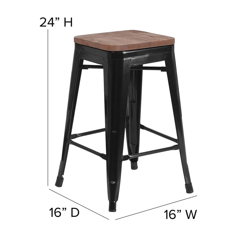 Flash Furniture Lily 24" High Backless Black Metal Counter Height Stool with Square Wood Seat