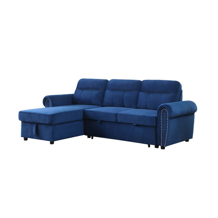 Irma 97 Inch 2 Piece Sectional Sofa, Pull Out Bed, Rolled Arm, Blue Velvet-Benzara