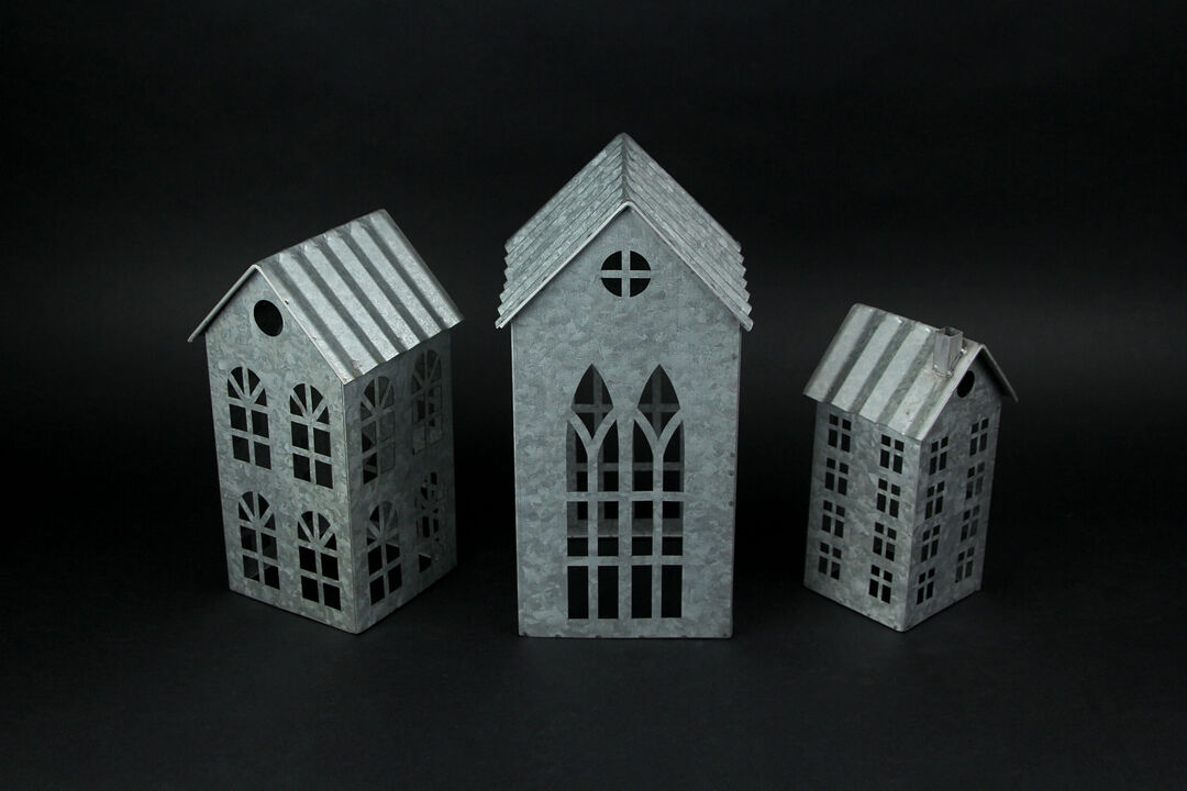 Set of 3 Country Farmhouse Galvanized Metal House Shaped Candle Holders