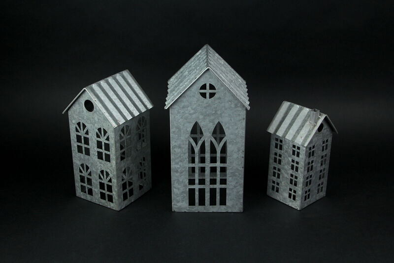 Set of 3 Country Farmhouse Galvanized Metal House Shaped Candle Holders image number 1