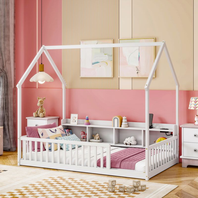 Whisen Twin Size House Floor Bed with Storage Shelves, LED Lights & Charging Station, Pine Wood Kids Platform Bed with Guardrails image number 1