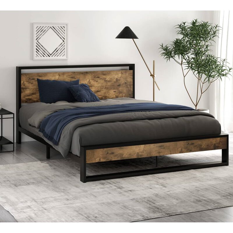 Hivvago Queen size Metal Wood Platform Bed Frame with Industrial Headboard