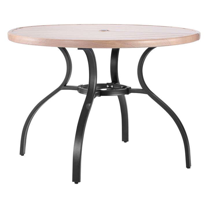 Outdoor Round Bistro Table, Wood-Look Steel Slat Patio Dining Table with Umbrella Hole