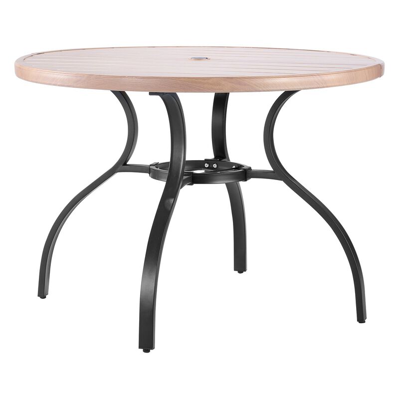 Outdoor Round Bistro Table, Wood-Look Steel Slat Patio Dining Table with Umbrella Hole image number 0