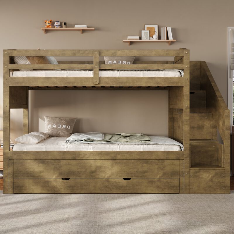 Merax Twin XL White Bunk Bed with Trundle, Storage Staircase, Drawers & Wardrobe image number 3