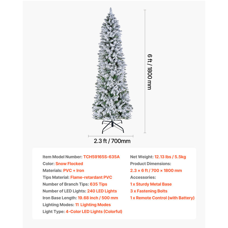 VEVOR Christmas Tree 6ft Prelit Snow Flocked Tree with 240 Colorful LED Lights image number 6