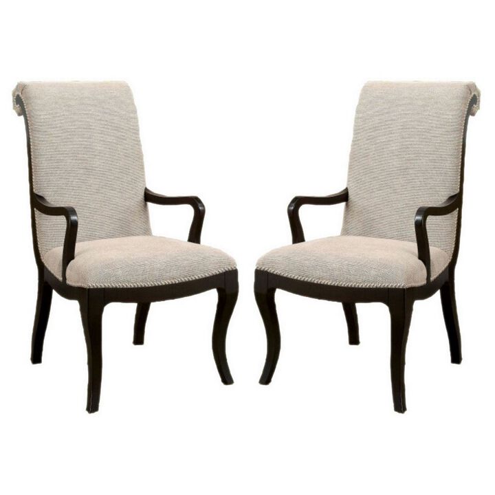 Fabric Upholstered Wooden Arm Chair, Set of 2, Gray and Black-Benzara