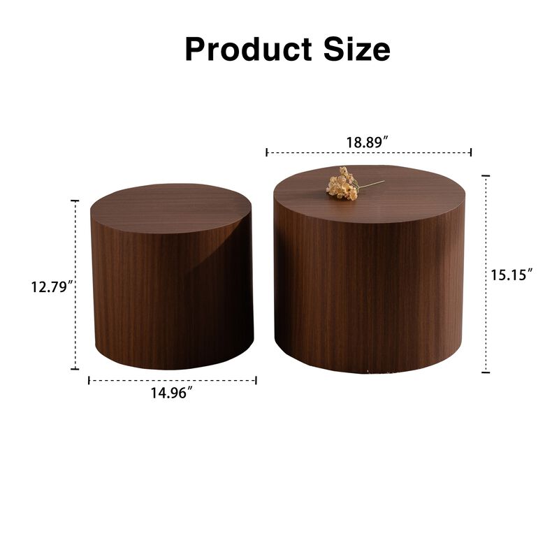Modern Round Drum Nesting Coffee Table Set of 2, Wooden Cylinder Coffee Tables for Living Room, Space-Saving Design image number 6